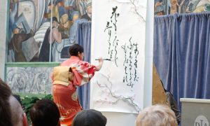 Miss Kyoko Fujii, Master of Calligraphy, demonstrated her calligraphy in her booth at Hina-Matsuri 2018